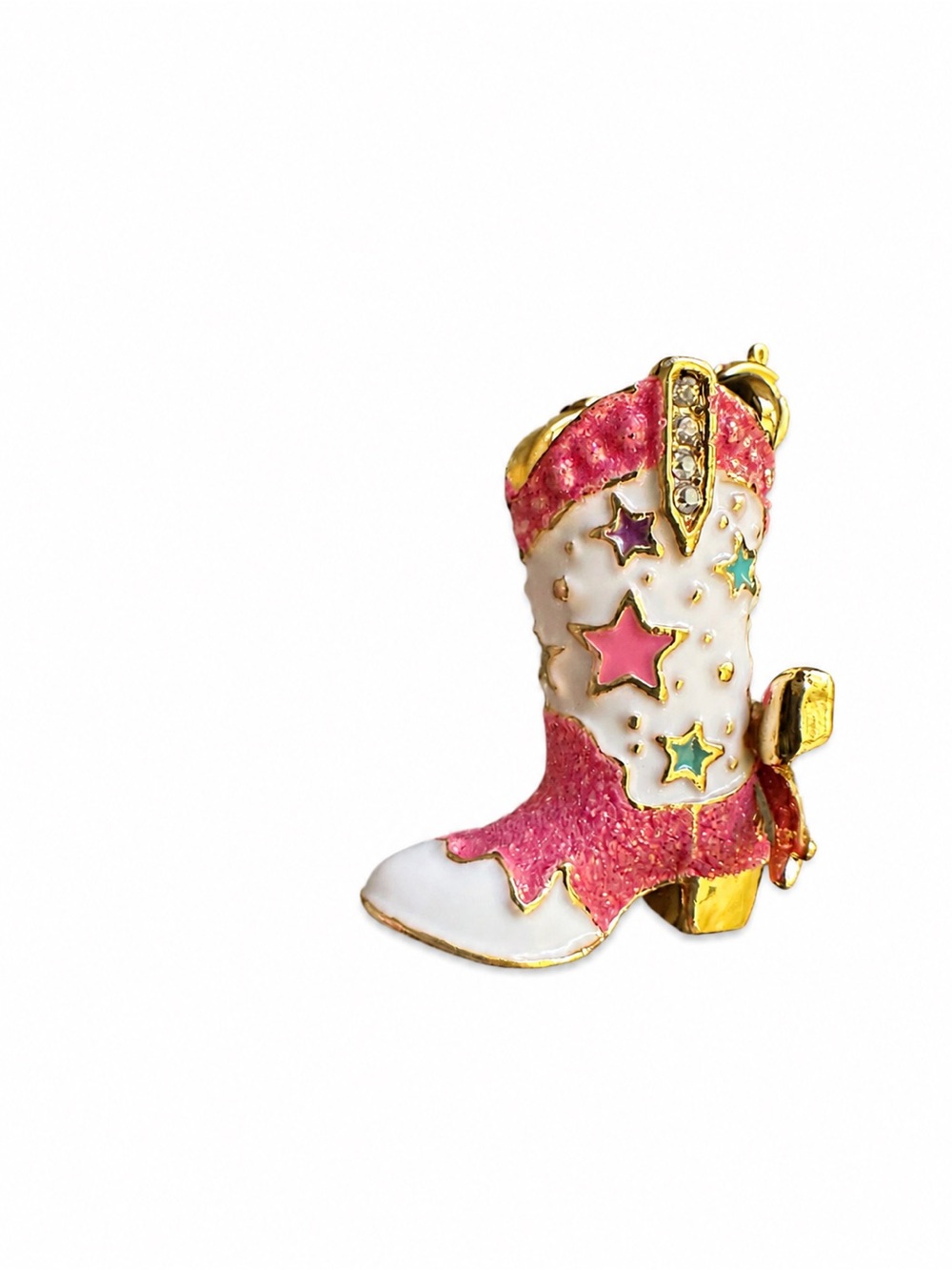 Pink Glitter Cowgirl Boot Charm Rhinestone Gold Bow Western Bag Purse Charm